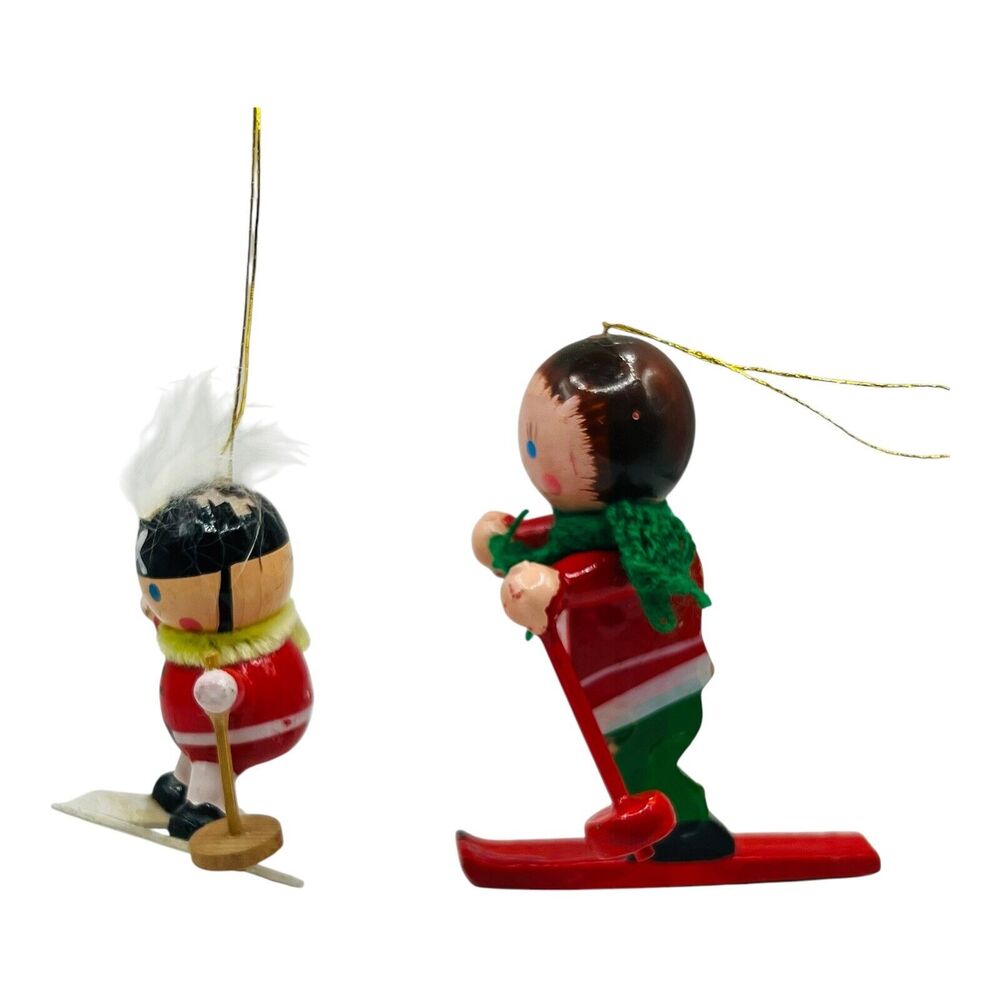 Pair VTG Skier Wood Christmas Ornaments Toy Soldier Skii Snow Cabin Set READ - Picture 5 of 11